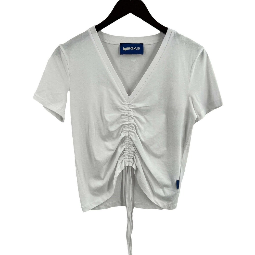GAS Jeans V Neck White Tee Ruched Front Short Sleeve Size‎ Small New